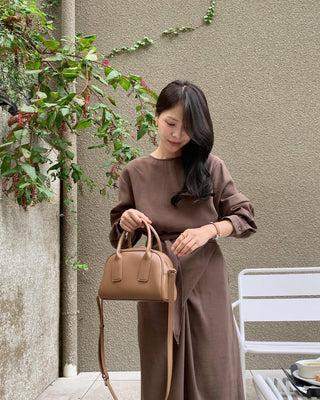 Waist wrap round neck long sleeve dress