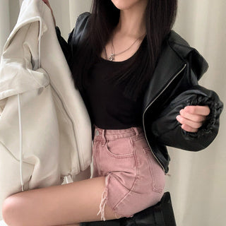 Cropped hooded leather jacket