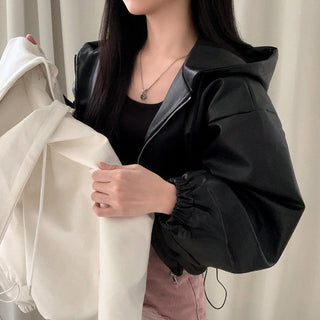 Cropped hooded leather jacket