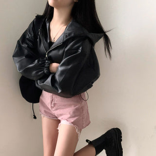 Cropped hooded leather jacket