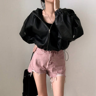 Cropped hooded leather jacket