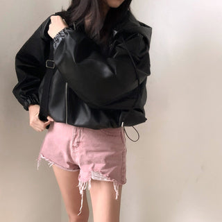 Cropped hooded leather jacket