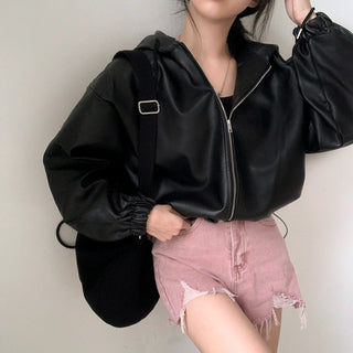 Cropped hooded leather jacket