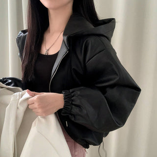 Cropped hooded leather jacket