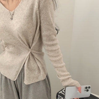 V-neck Split Waist Long Sleeve Sweater