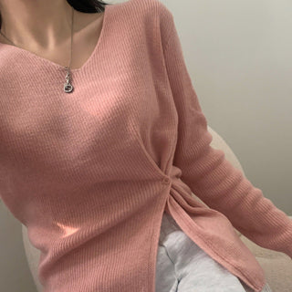 V-neck Split Waist Long Sleeve Sweater