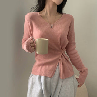 V-neck Split Waist Long Sleeve Sweater