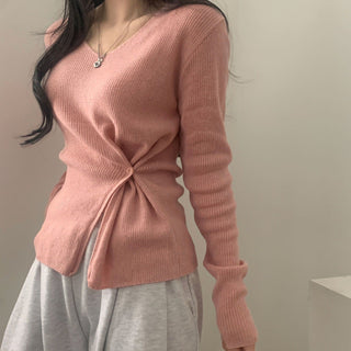 V-neck Split Waist Long Sleeve Sweater