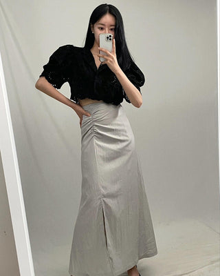 Crochet Puff Sleeve and Side Slit Slim-fit Skirt set