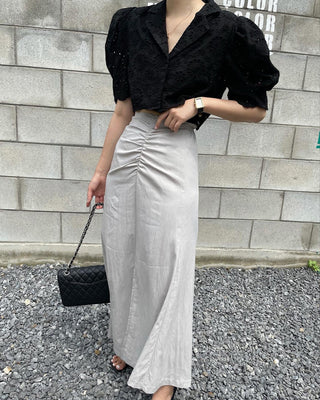 Crochet Puff Sleeve and Side Slit Slim-fit Skirt set