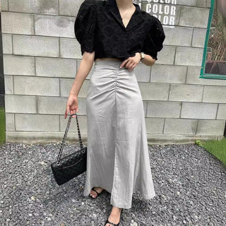 Crochet Puff Sleeve and Side Slit Slim-fit Skirt set