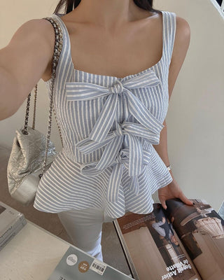 Lace-up Bow ruffled Vest Striped top