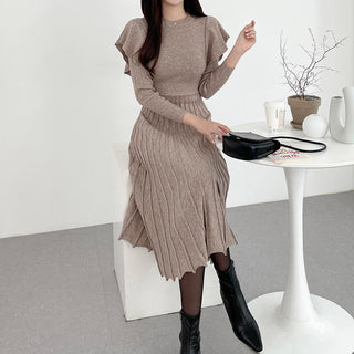 Ruffled Waist Lace Mid-length Knitted dress