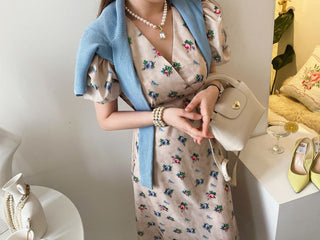 V-neck bubble sleeve floral one-piece dress