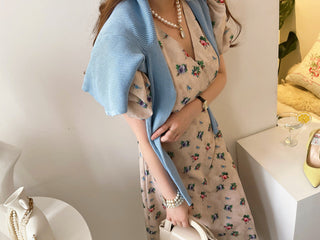 V-neck bubble sleeve floral one-piece dress