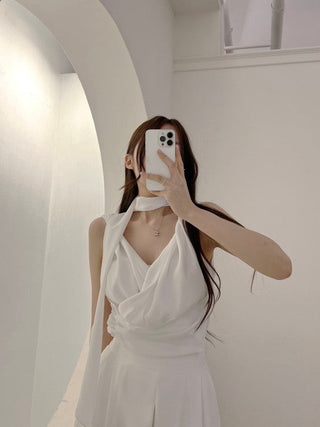 V-Neck Pleated Sleeveless chiffon top with Strap