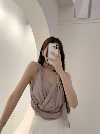 V-Neck Pleated Sleeveless chiffon top with Strap