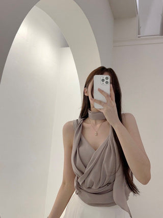 V-Neck Pleated Sleeveless chiffon top with Strap