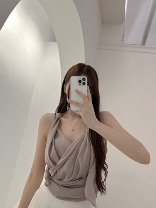 V-Neck Pleated Sleeveless chiffon top with Strap