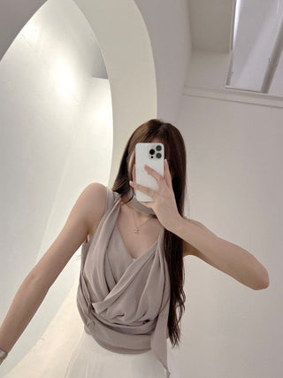 V-Neck Pleated Sleeveless chiffon top with Strap