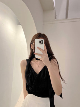 V-Neck Pleated Sleeveless chiffon top with Strap