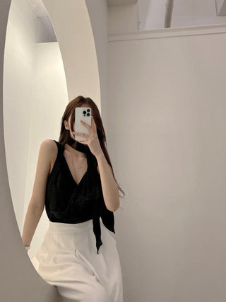 V-Neck Pleated Sleeveless chiffon top with Strap