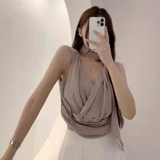 V-Neck Pleated Sleeveless chiffon top with Strap