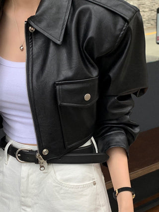 Zip-up lapel short leather jacket