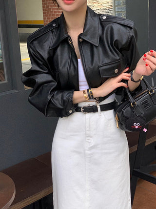 Zip-up lapel short leather jacket