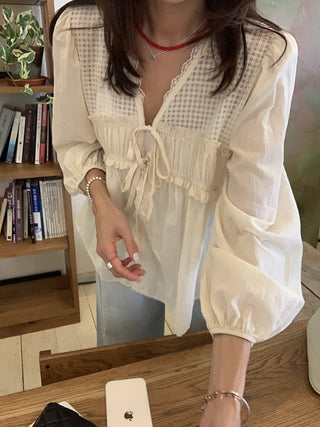 V-Neck Loose Lace Shirt