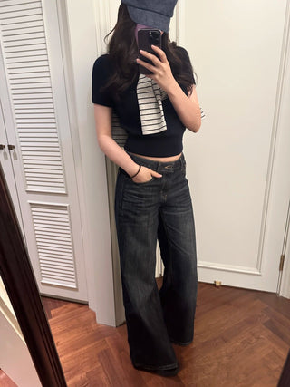 Retro dark blue low waist wide leg jeans