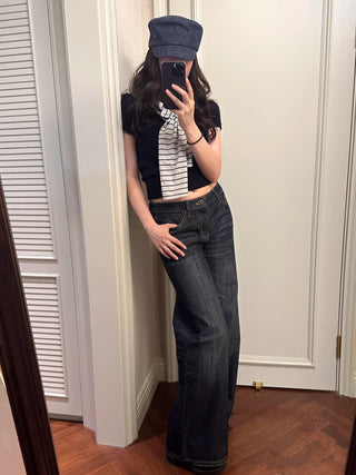 Retro dark blue low waist wide leg jeans