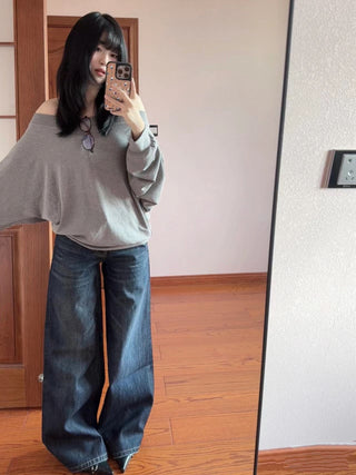 Retro dark blue low waist wide leg jeans