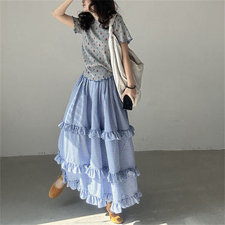 Plaid elastic waist ruffled cake long skirt