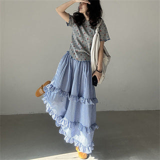 Plaid elastic waist ruffled cake long skirt