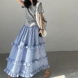 Plaid elastic waist ruffled cake long skirt