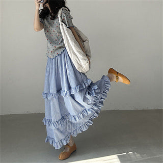 Plaid elastic waist ruffled cake long skirt