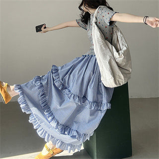 Plaid elastic waist ruffled cake long skirt