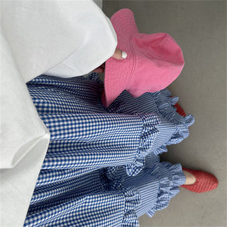 Plaid elastic waist ruffled cake long skirt