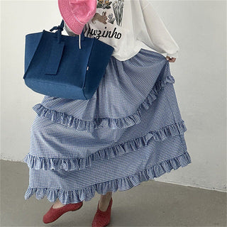 Plaid elastic waist ruffled cake long skirt