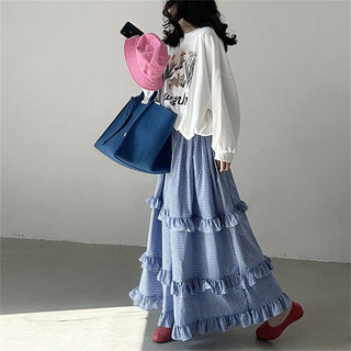 Plaid elastic waist ruffled cake long skirt