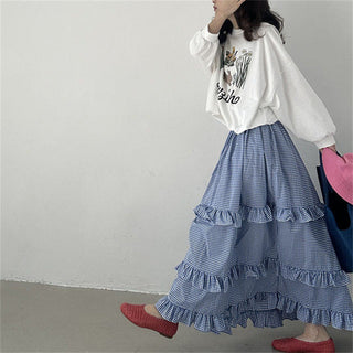 Plaid elastic waist ruffled cake long skirt