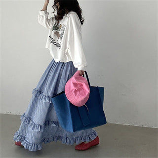 Plaid elastic waist ruffled cake long skirt