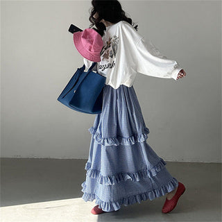 Plaid elastic waist ruffled cake long skirt