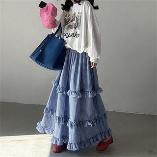 Plaid elastic waist ruffled cake long skirt