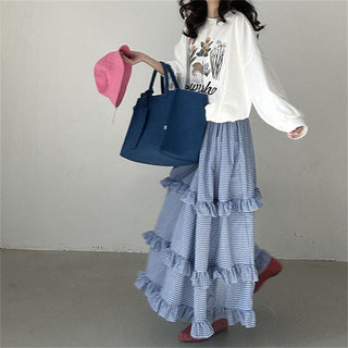 Plaid elastic waist ruffled cake long skirt