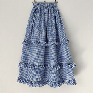 Plaid elastic waist ruffled cake long skirt