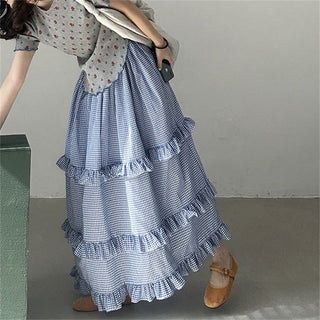 Plaid elastic waist ruffled cake long skirt