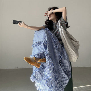 Plaid elastic waist ruffled cake long skirt