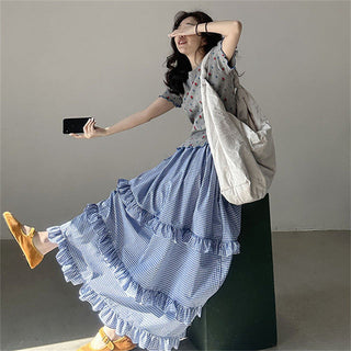 Plaid elastic waist ruffled cake long skirt